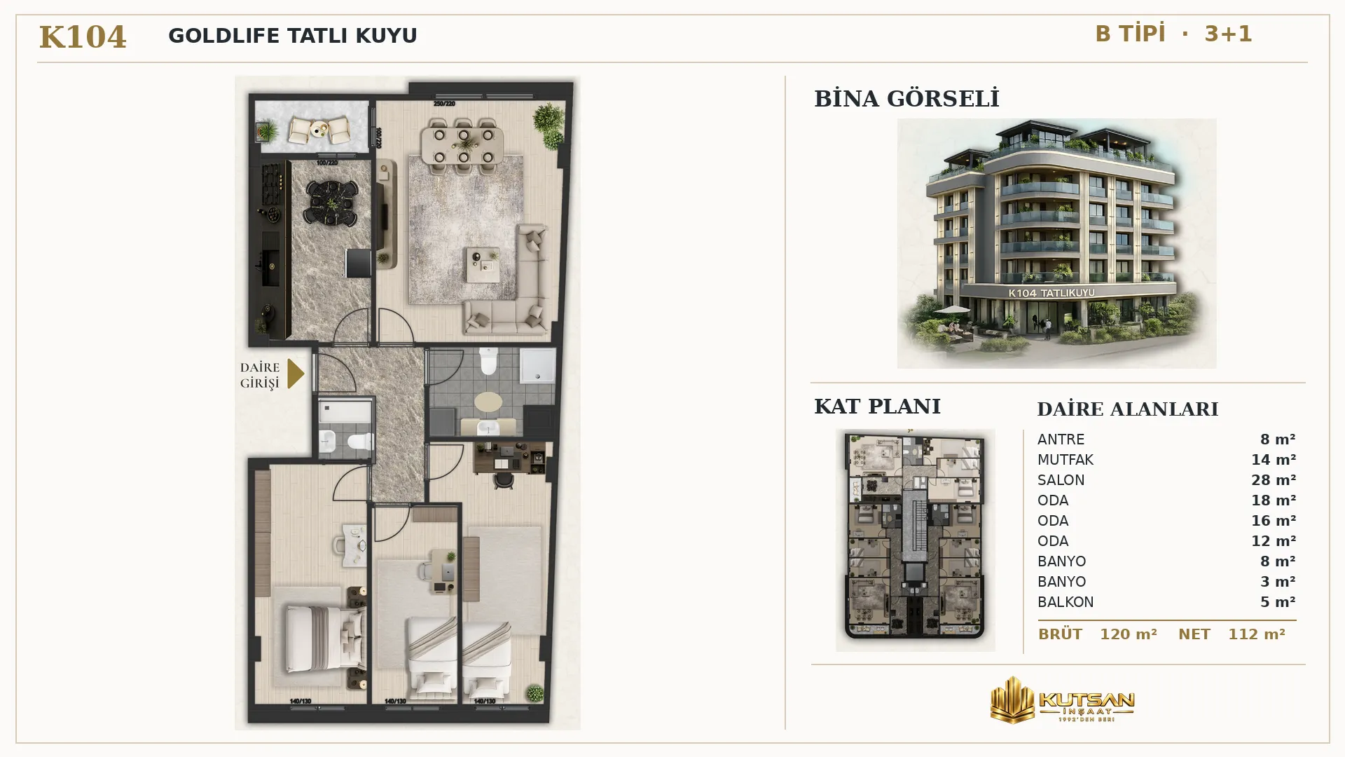 K104 D9 | Satılık 3+1 Daire — Tatlıkuyu Daire Planı