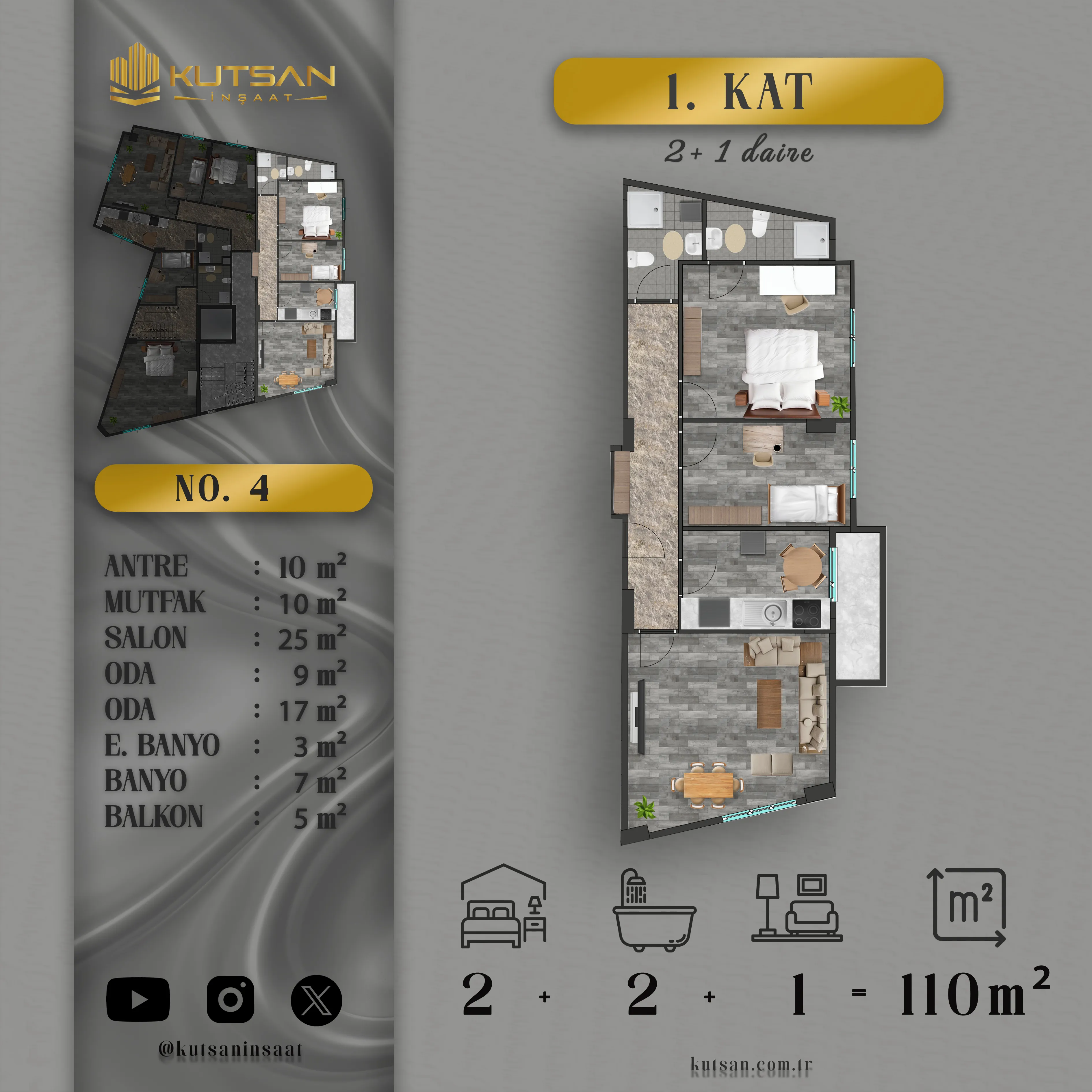 K103 D4 | Satılık 2+1 Daire — Köşklüçeşme Daire Planı