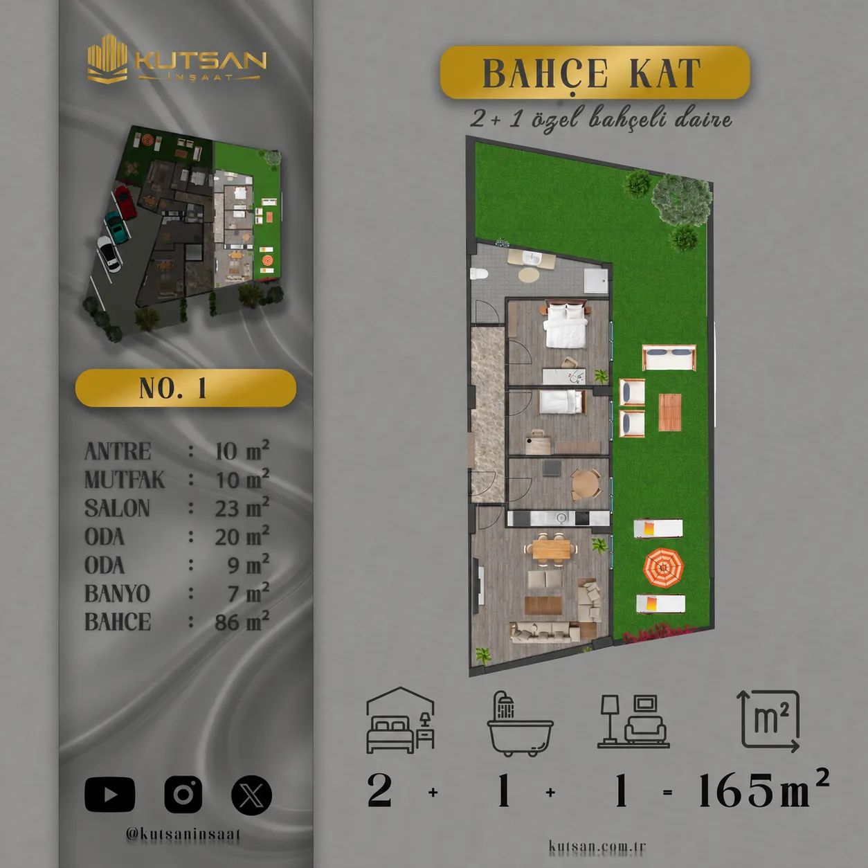 K103 D1 | Satılık 2+1 Teras Bahçeli Daire — Köşklüçeşme Daire Planı