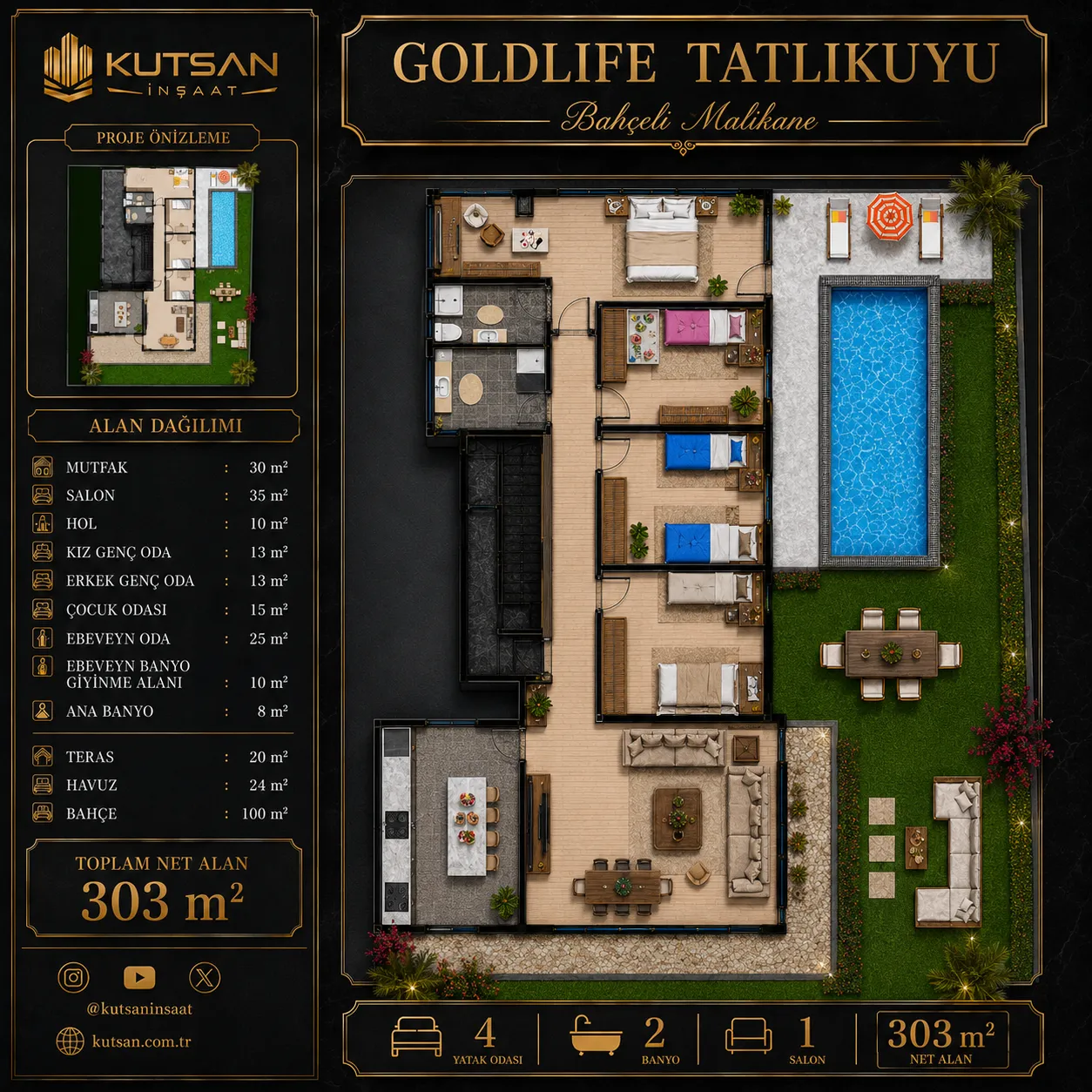 K104 D1 | Satılık Bahçeli ve Havuzlu 4+1 Daire — Tatlıkuyu Daire Planı
